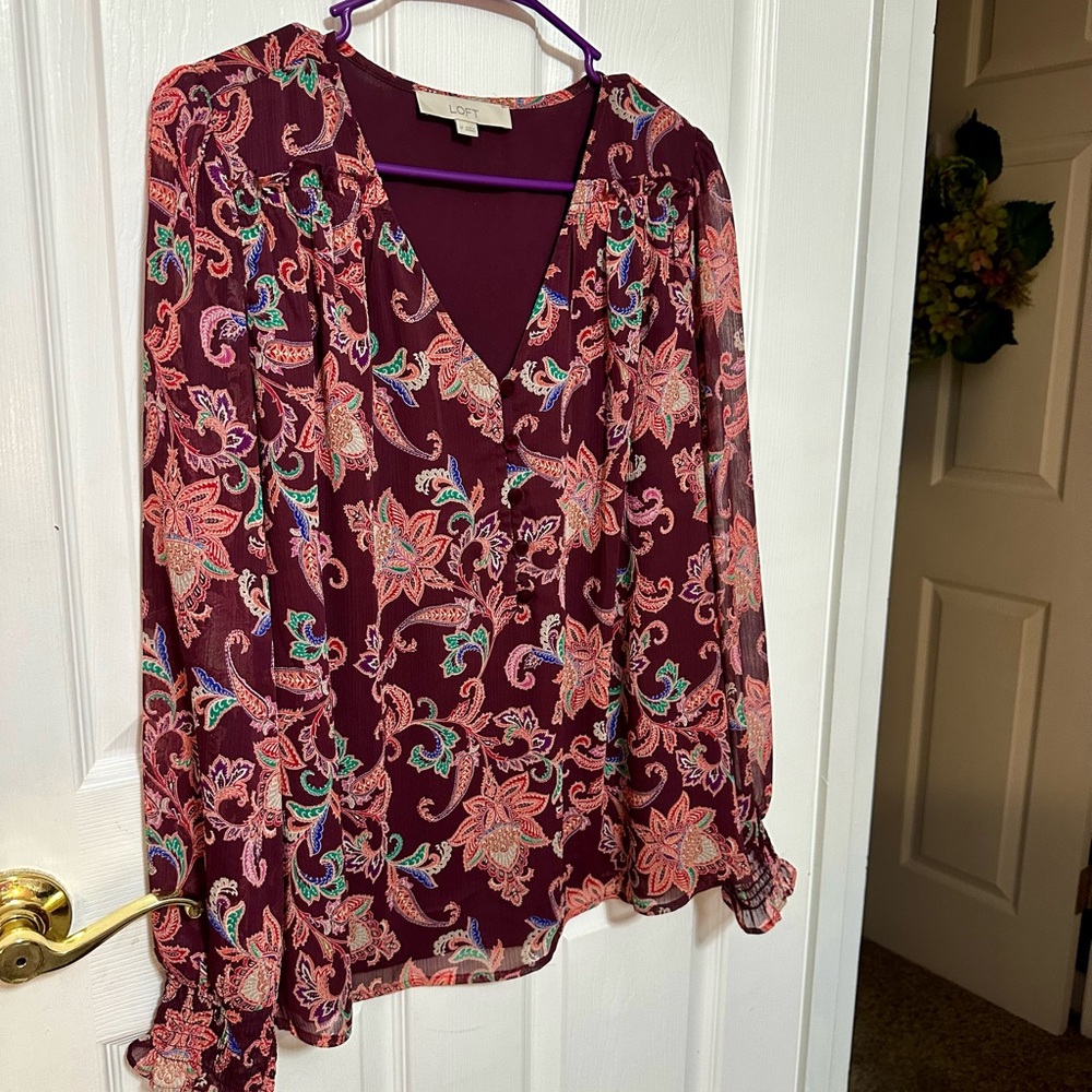 LOFT Burgundy Floral Paisley Blouse Size Medium - Picture 2 of 4